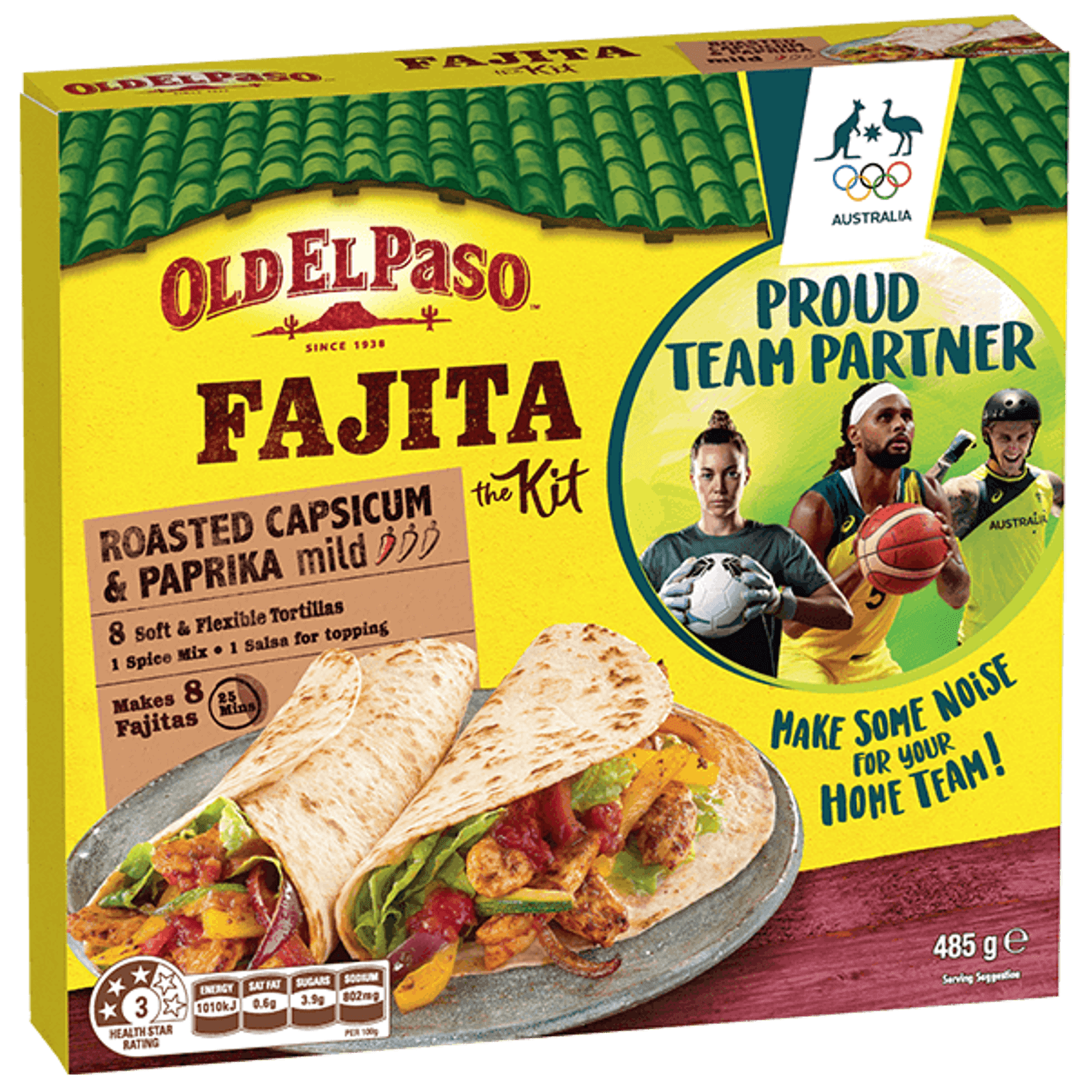 a pack of Old El Paso's roasted capsicum & paprika mild fajita kit containing tortillas, spice mix & salsa for topping (485g)